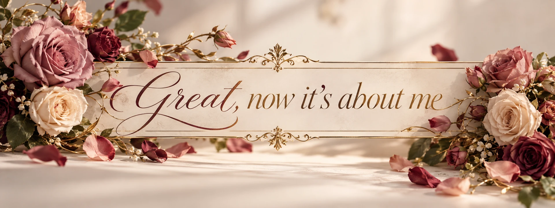Decorative banner of garden roses framing the words “Great, now it’s about me” in elegant gold script