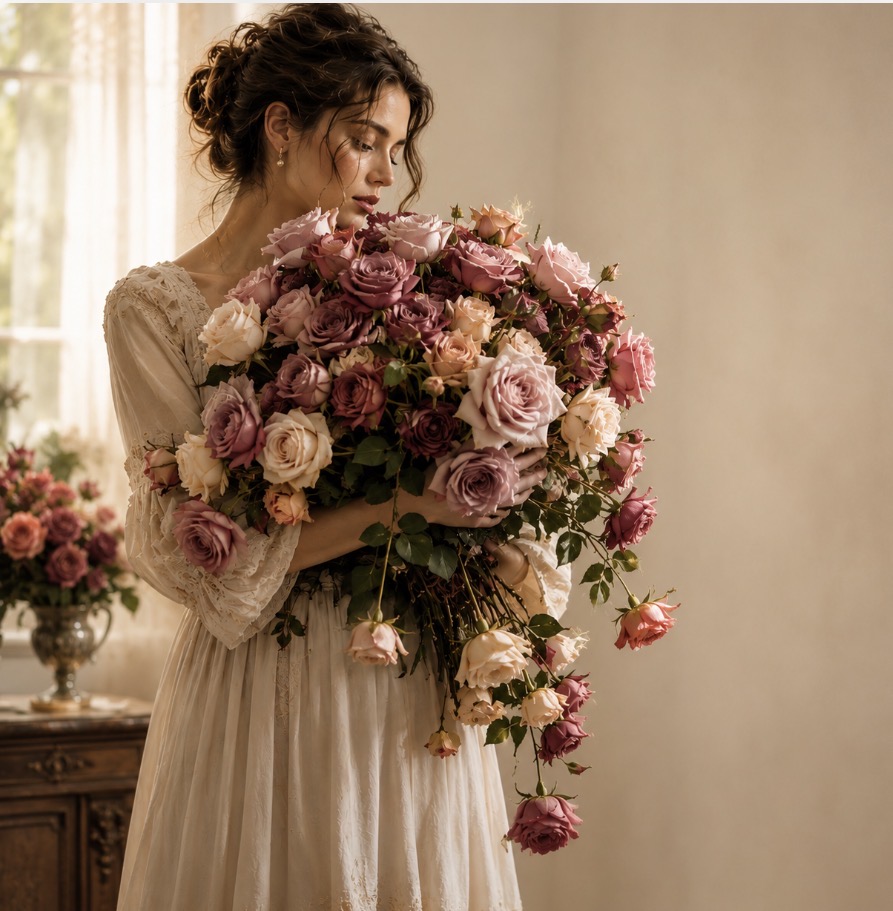 Stephanie holding a bouquet of garden roses